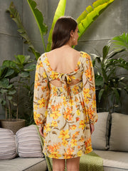 Women Yellow Floral Back Cut-Out Short Dress-SFDRSS12714