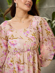 Women Beige Floral Back-Cut Out Short Dress-SFDRSS12715