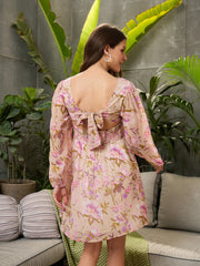 Women Beige Floral Back-Cut Out Short Dress-SFDRSS12715