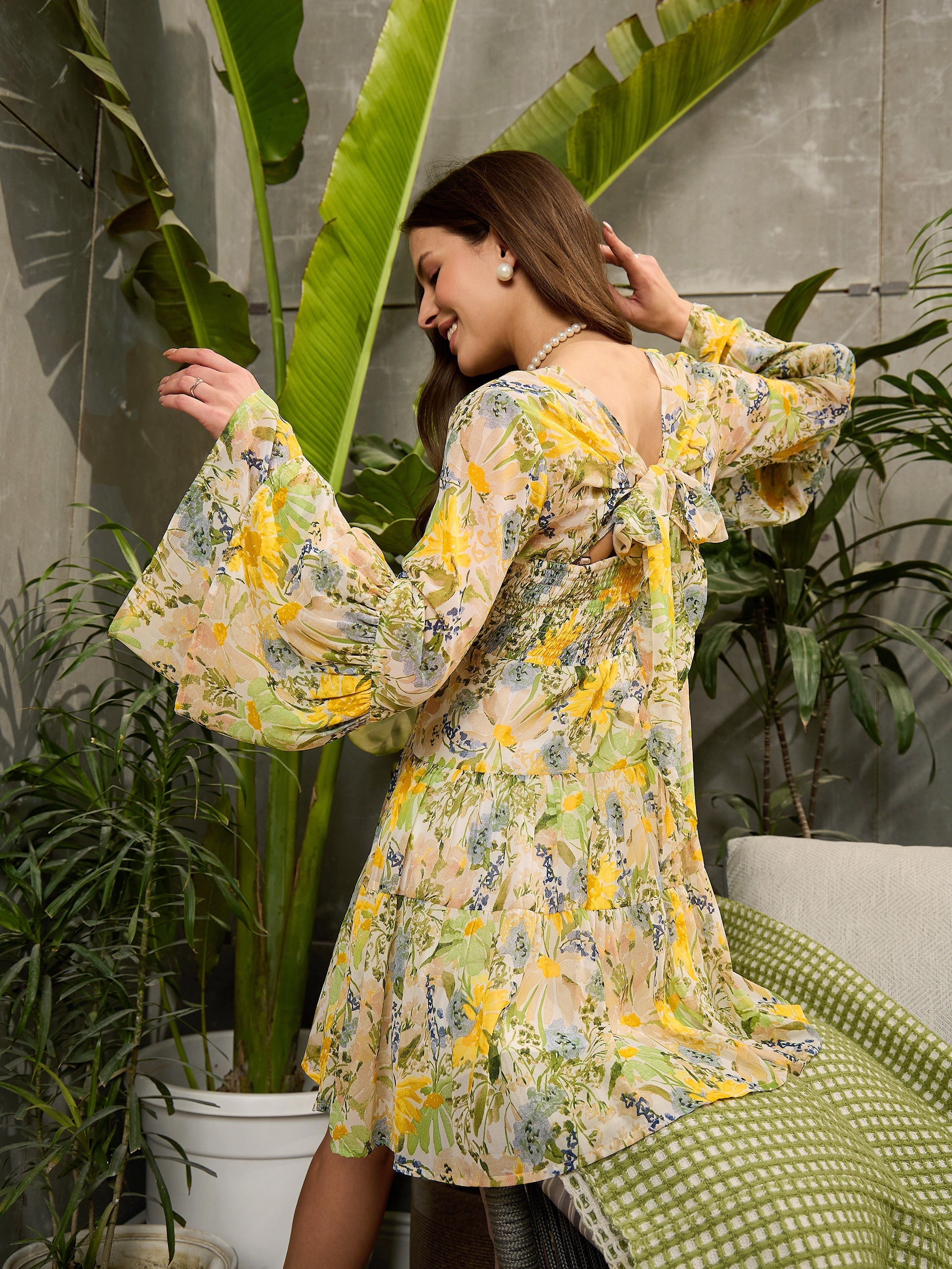 Women Green Floral Back Smocked Short Dress-SFDRSS12716