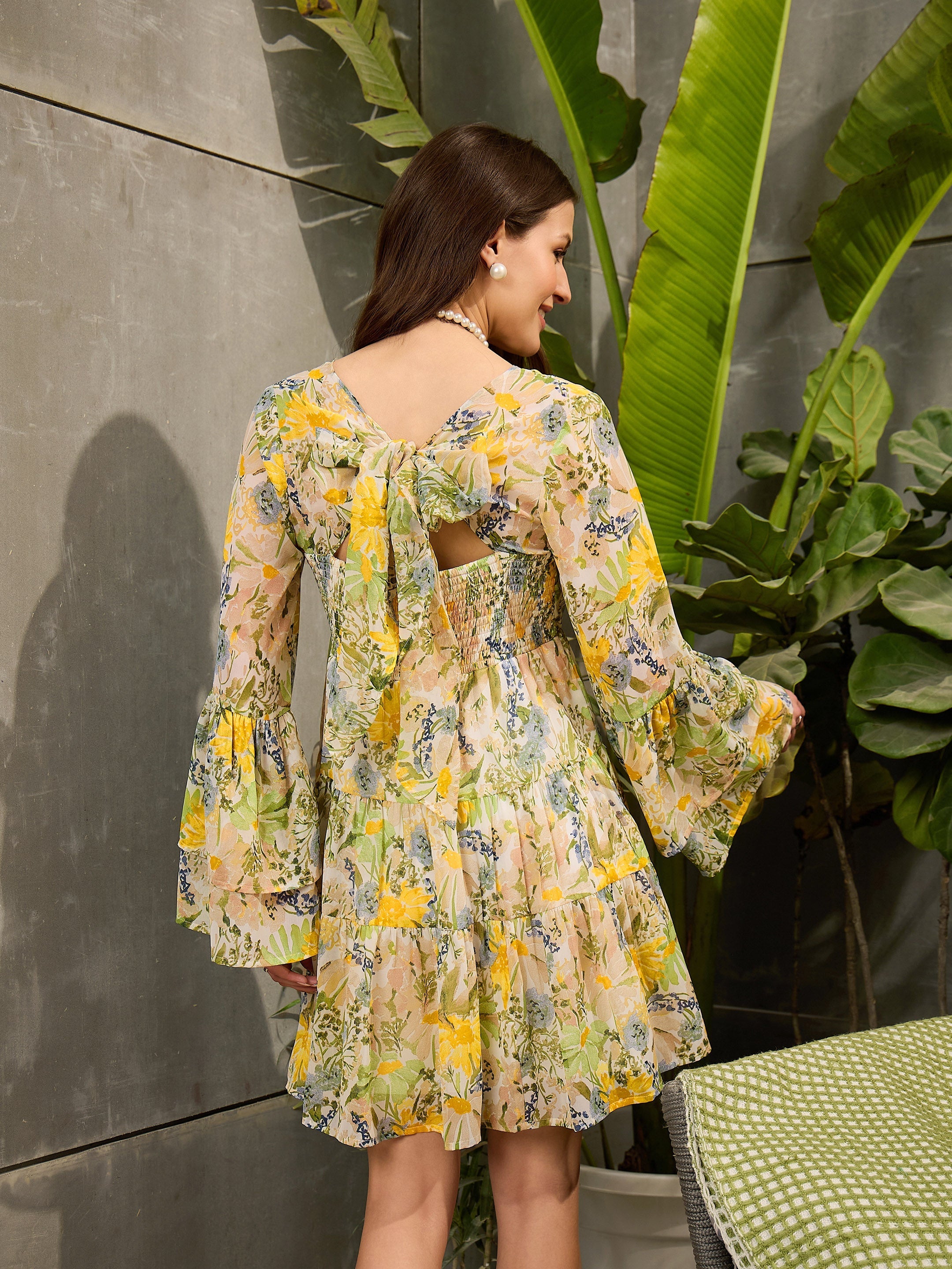 Women Green Floral Back Smocked Short Dress-SFDRSS12716