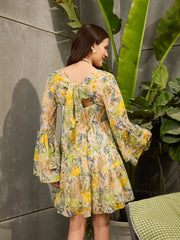 Women Green Floral Back Smocked Short Dress-SFDRSS12716