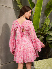 Women Pink Floral Back Smocked Short Dress-SFDRSS12717