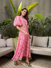 Women Pink Floral Waist Cut-Out Midi Dress-SFDRSS12718