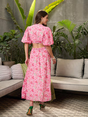 Women Pink Floral Waist Cut-Out Midi Dress-SFDRSS12718