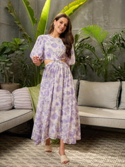 Women White Floral Waist Cut-Out Midi Dress-SFDRSS12719