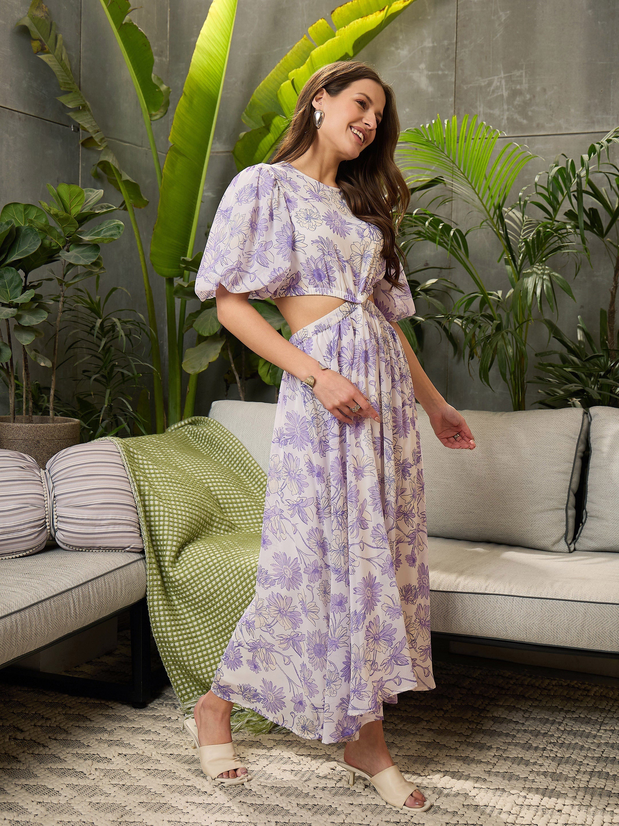 Women White Floral Waist Cut-Out Midi Dress-SFDRSS12719