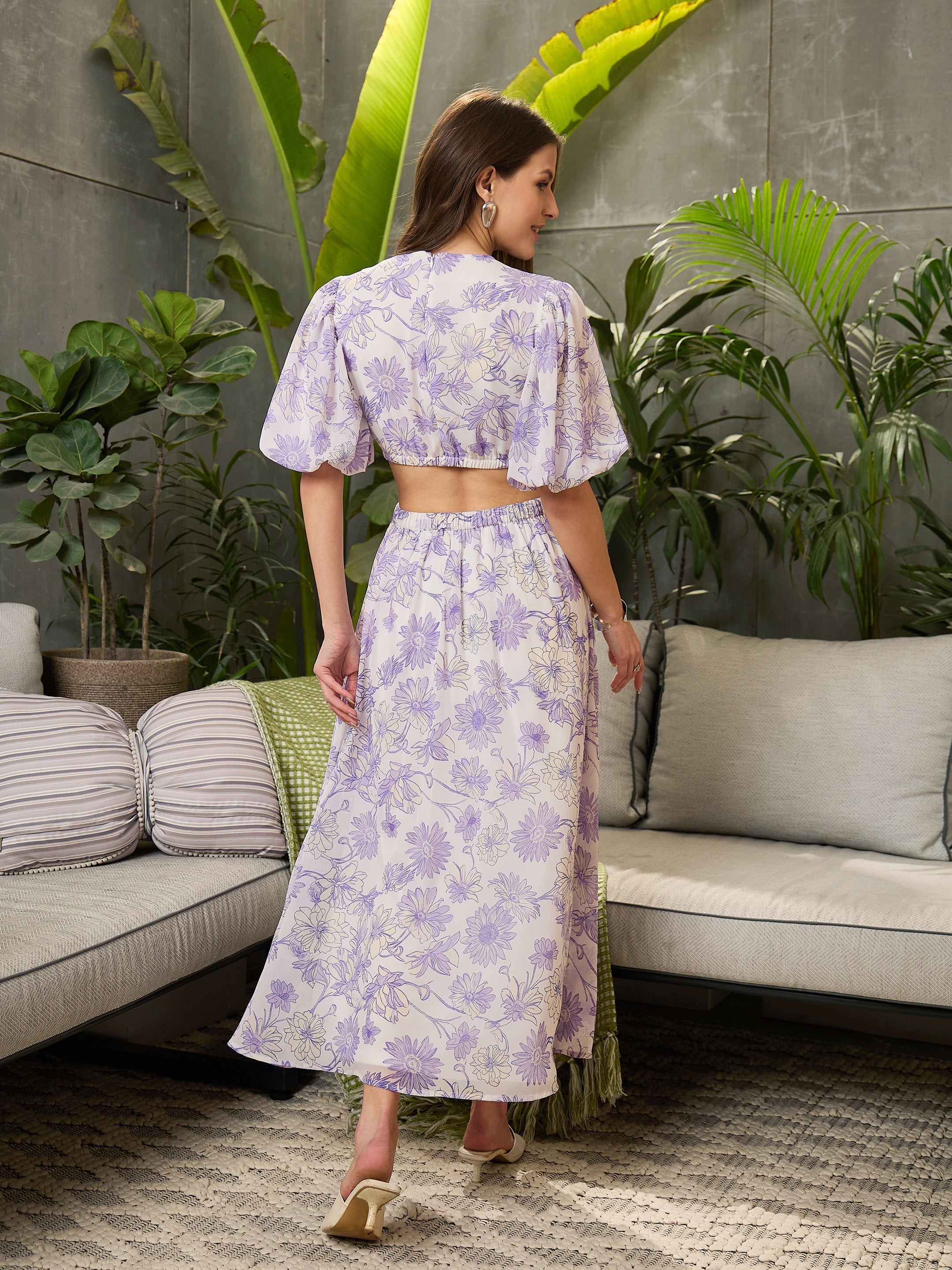 Women White Floral Waist Cut-Out Midi Dress-SFDRSS12719