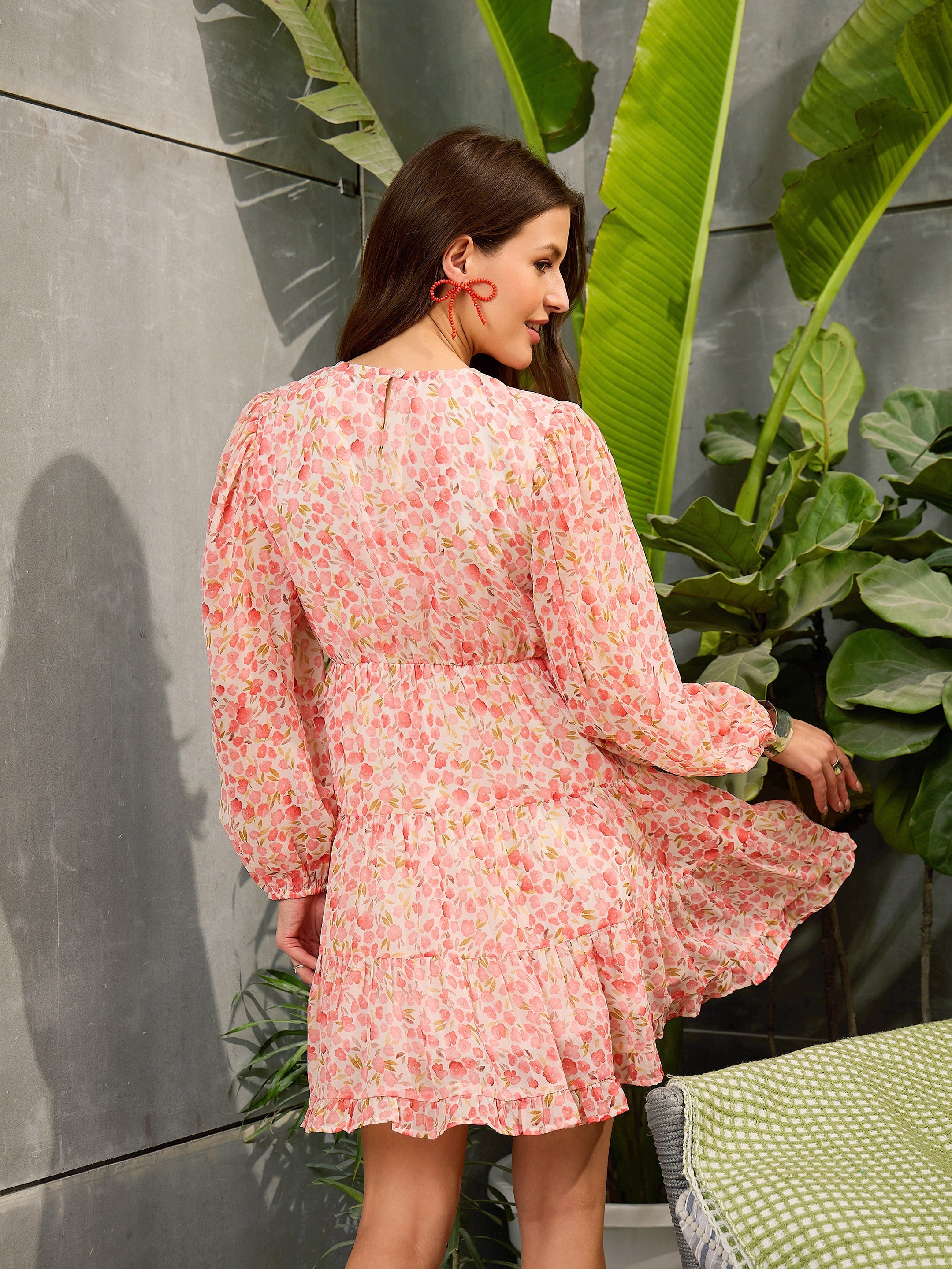Women Peach Ditsy Floral Tiered Short Dress-SFDRSS12720