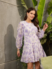 Women White Floral Tiered Short Dress-SFDRSS12721