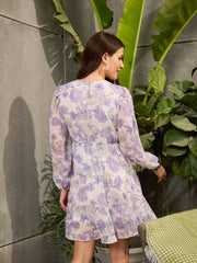 Women White Floral Tiered Short Dress-SFDRSS12721