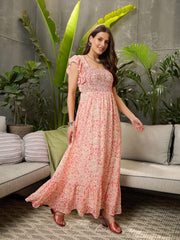 Women Peach Ditsy Floral Square-Neck Maxi Dress-SFDRSS12722