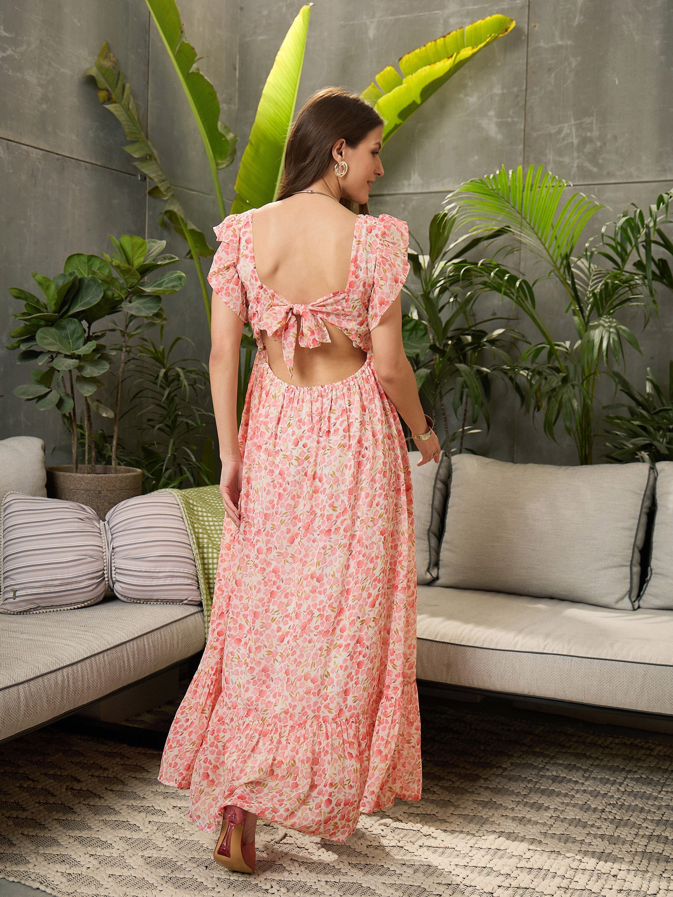 Women Peach Ditsy Floral Square-Neck Maxi Dress-SFDRSS12722