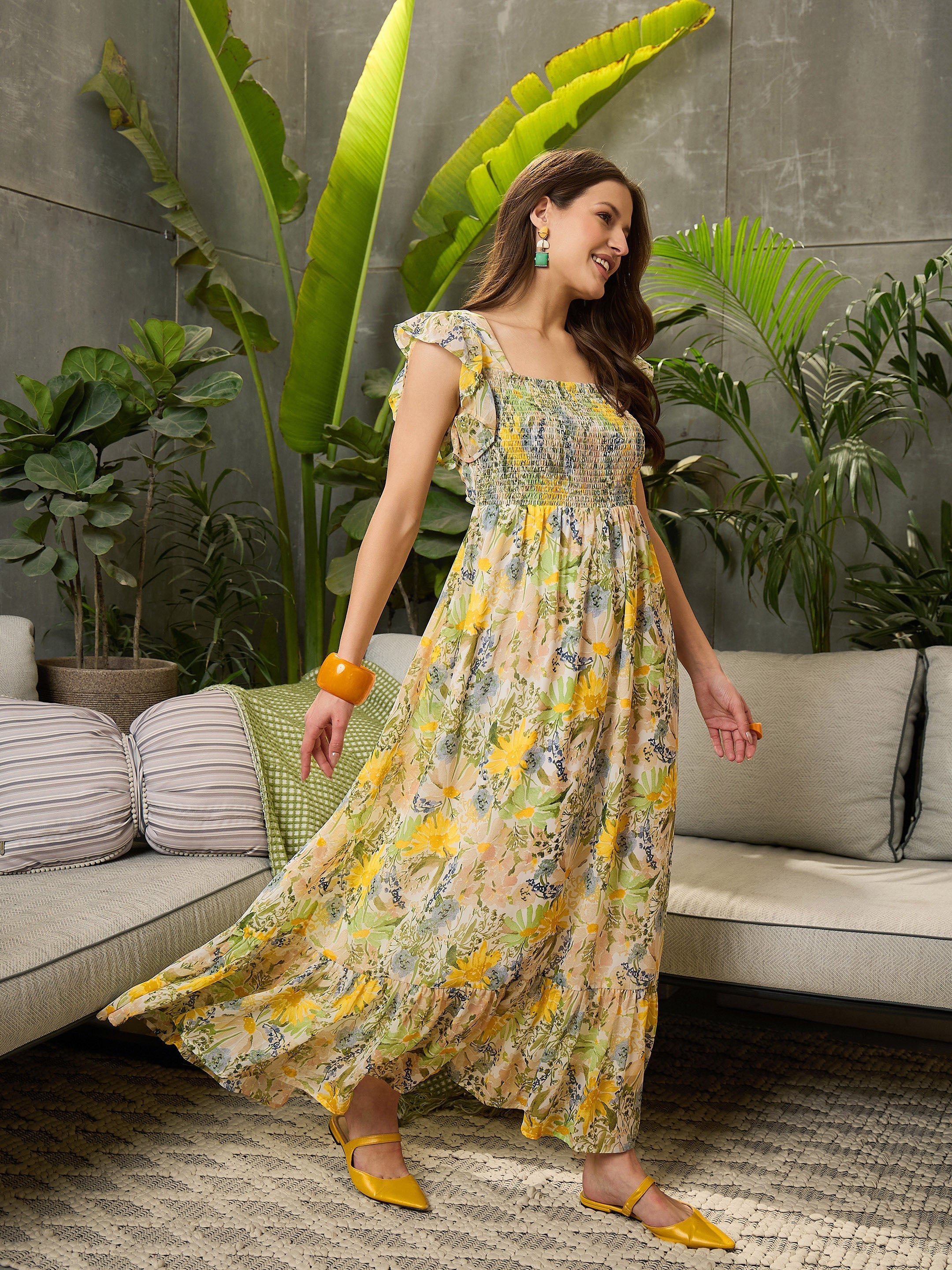 Women Green Floral Square-Neck Maxi Dress-SFDRSS12723