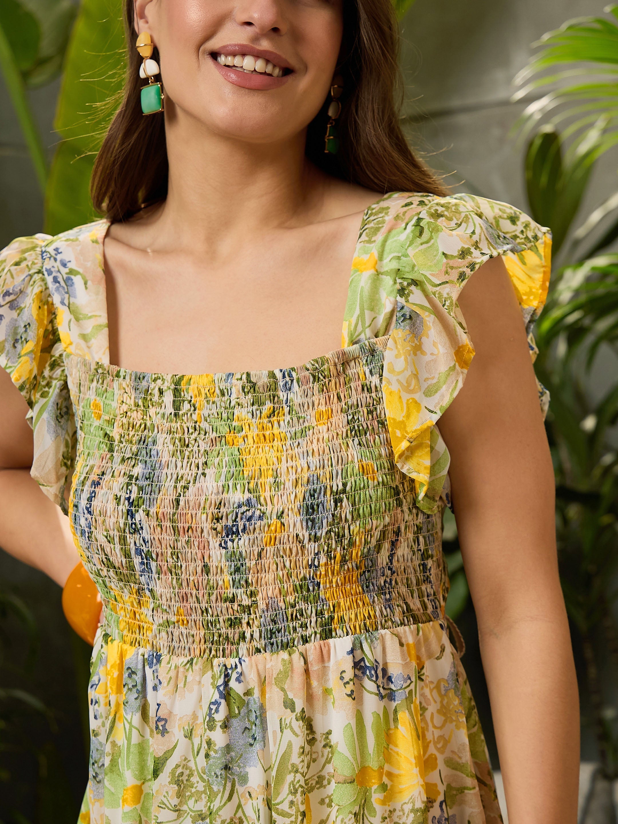 Women Green Floral Square-Neck Maxi Dress-SFDRSS12723