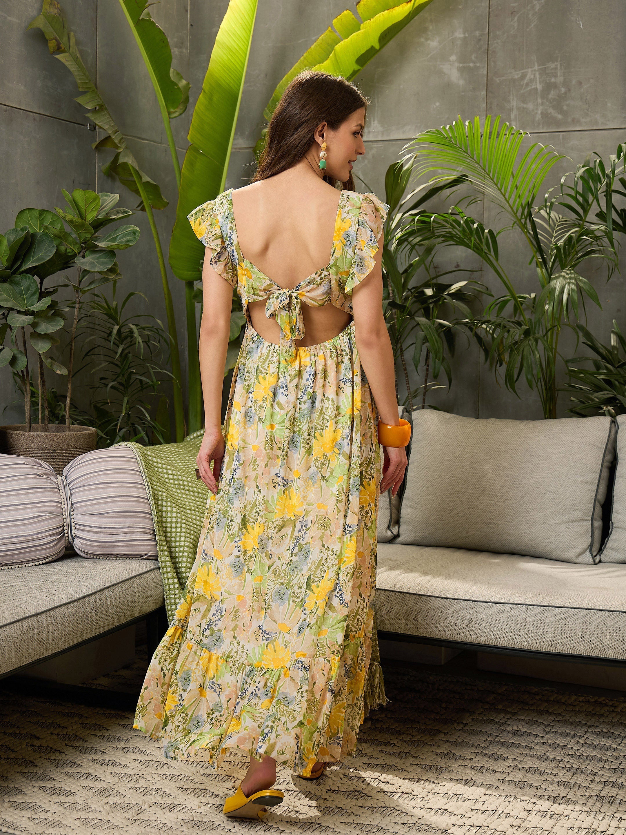 Women Green Floral Square-Neck Maxi Dress-SFDRSS12723