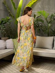 Women Green Floral Square-Neck Maxi Dress-SFDRSS12723