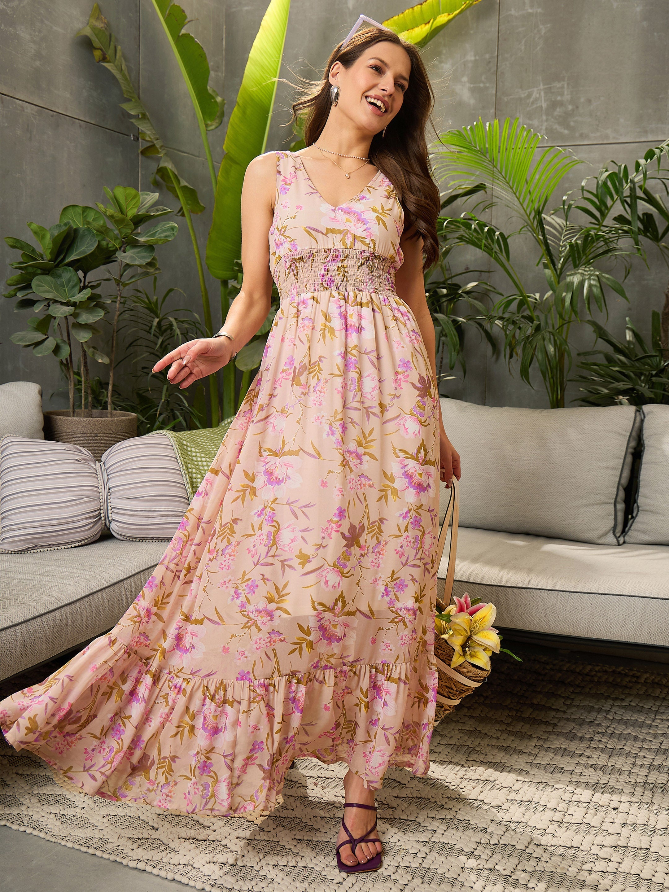 Women Beige Floral Sleeveless Maxi Dress-SFDRSS12726
