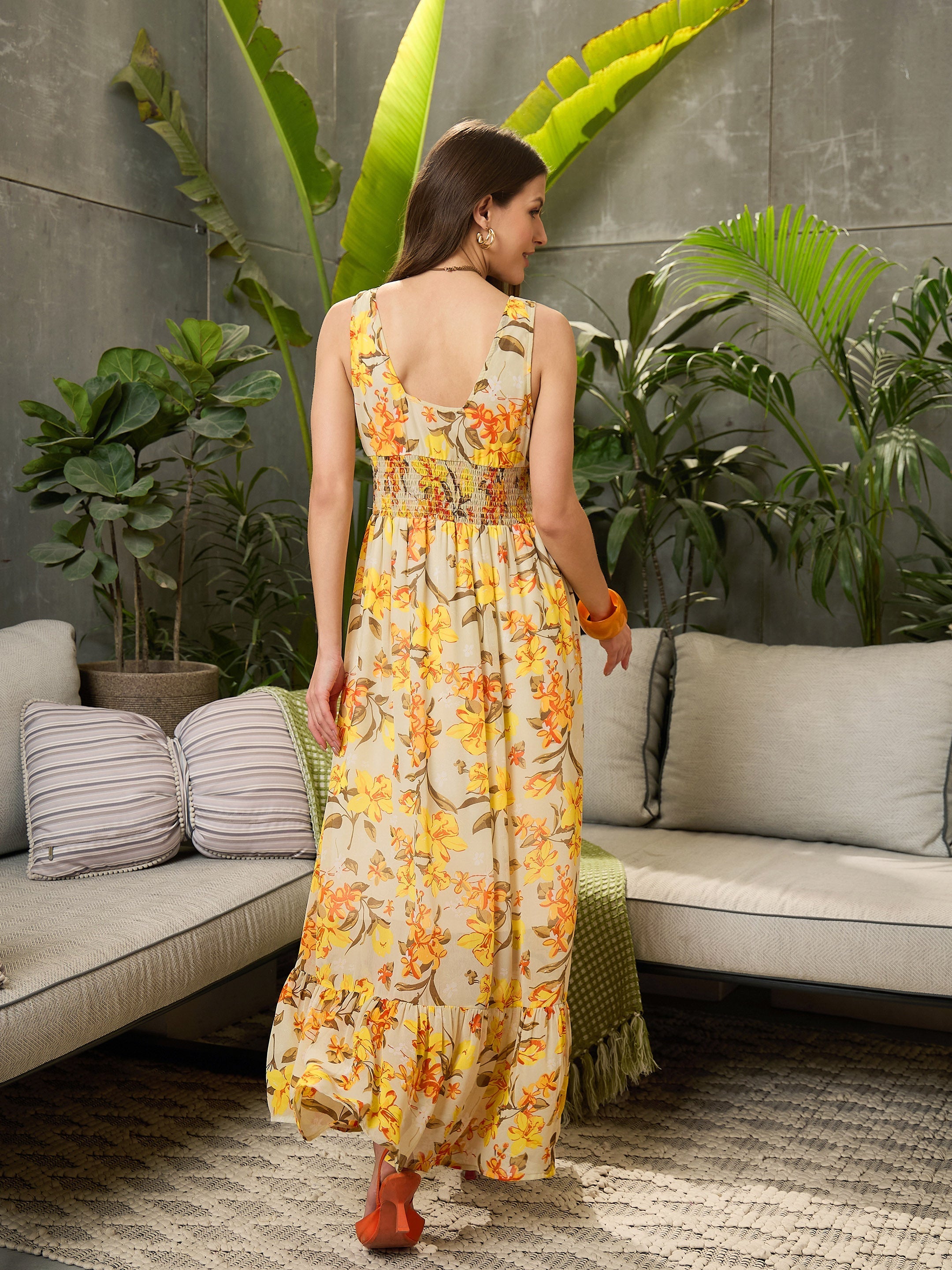 Women Yellow Floral Sleeveless Maxi Dress-SFDRSS12727