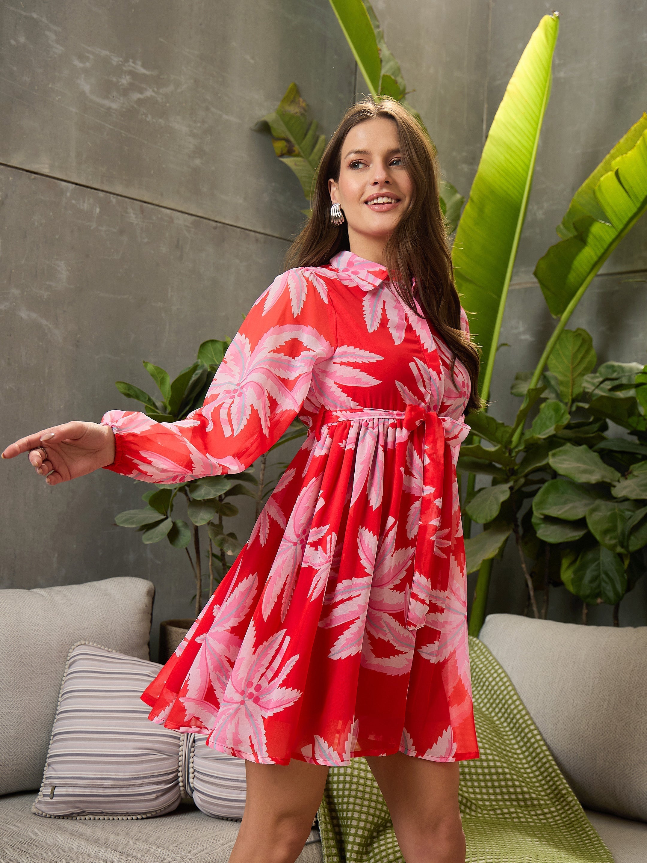 Women Red Floral Front Button Short Dress-SFDRSS12728
