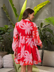 Women Red Floral Front Button Short Dress-SFDRSS12728