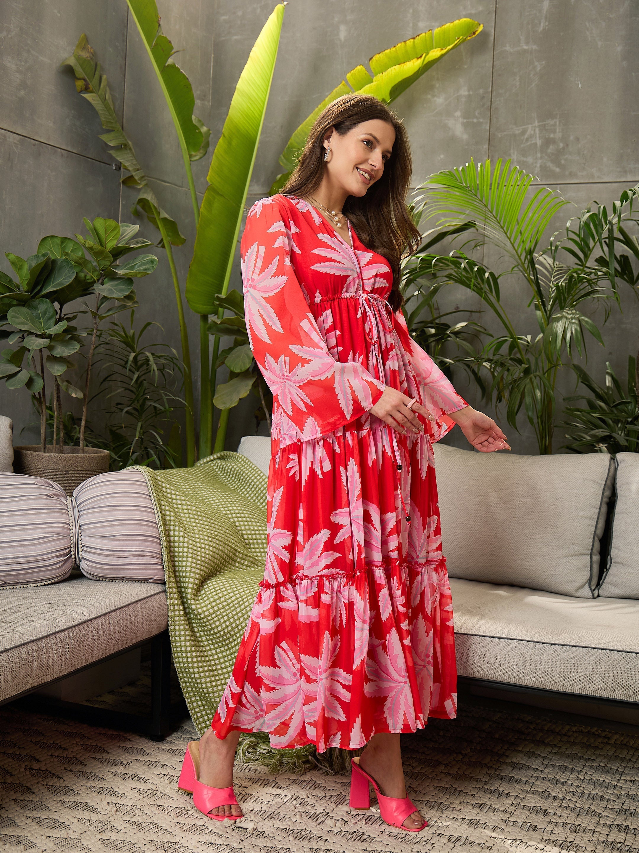 Women Red Floral Tiered Maxi Dress-SFDRSS12730