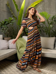 Women Yellow Multi Stripes Front Ring Maxi Dress-SFDRSS12735