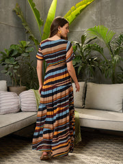 Women Yellow Multi Stripes Front Ring Maxi Dress-SFDRSS12735