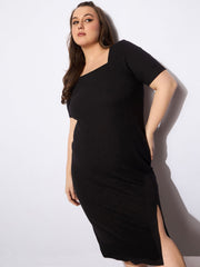 Women Black Rib Square Neck Short Sleeves Midi Dress-SFDRSS12736