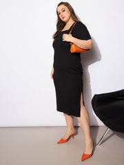Women Black Rib Square Neck Short Sleeves Midi Dress-SFDRSS12736
