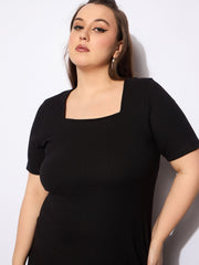 Women Black Rib Square Neck Short Sleeves Midi Dress-SFDRSS12736