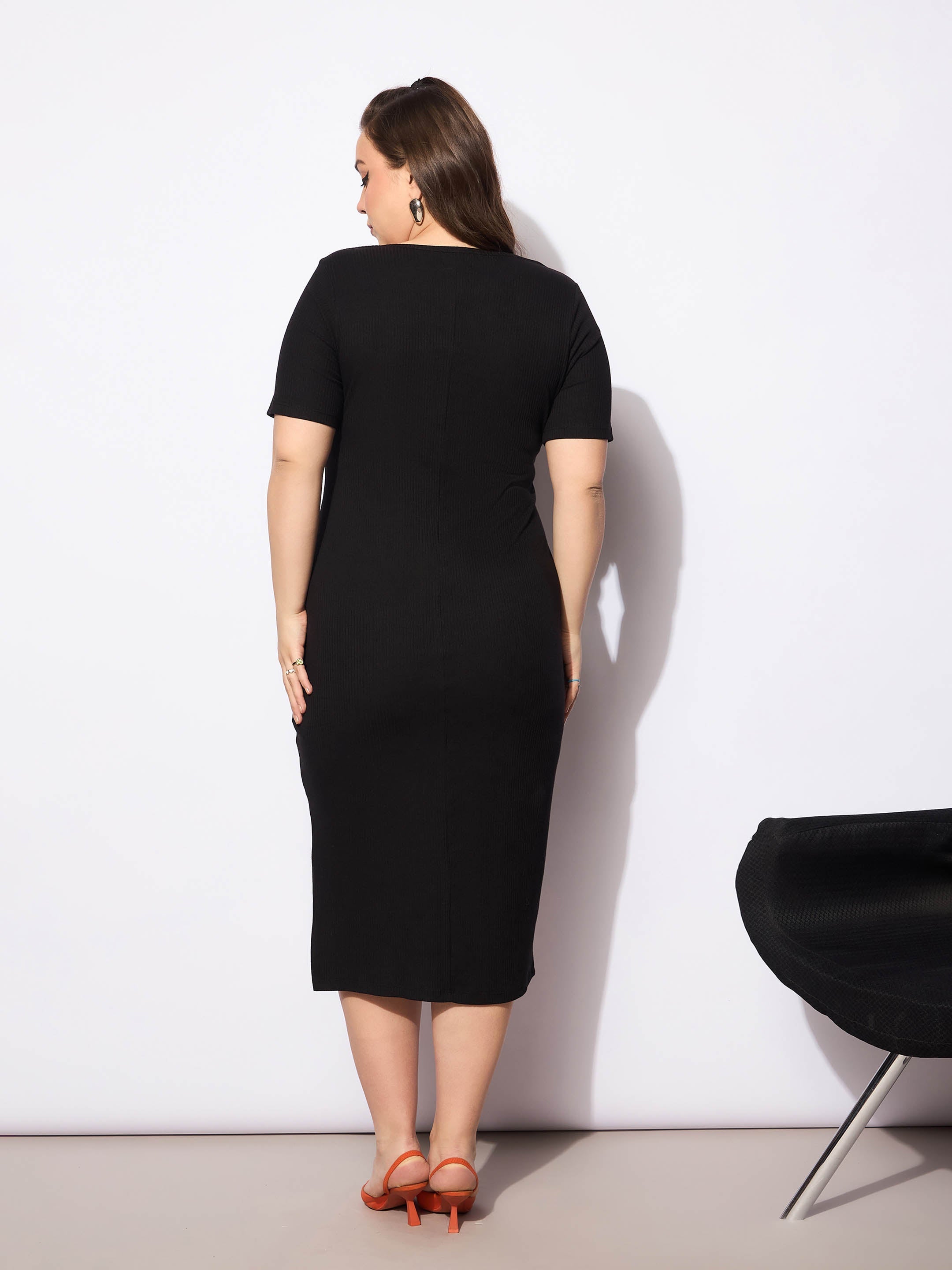 Women Black Rib Square Neck Short Sleeves Midi Dress-SFDRSS12736