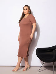 Women Brown Rib Square Neck Short Sleeve Midi Dress-SFDRSS12737