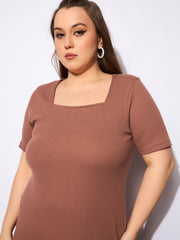Women Brown Rib Square Neck Short Sleeve Midi Dress-SFDRSS12737