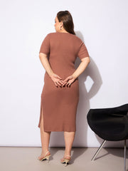 Women Brown Rib Square Neck Short Sleeve Midi Dress-SFDRSS12737