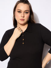Women Black Rib Collar Neck Front Button Midi Dress-SFDRSS12739