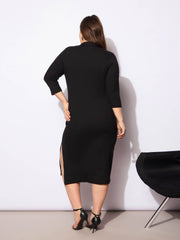 Women Black Rib Collar Neck Front Button Midi Dress-SFDRSS12739