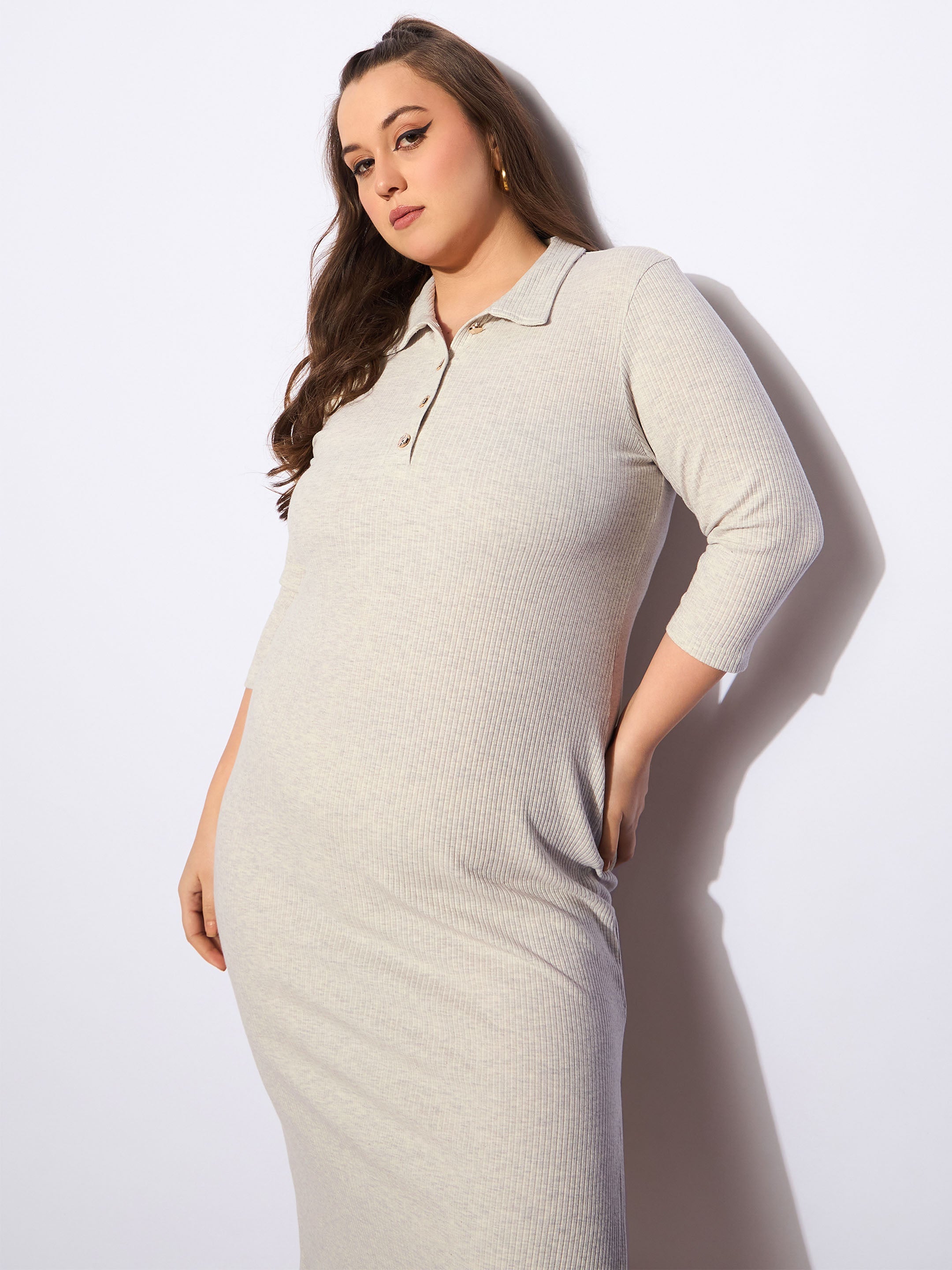 Women Beige Melange Front Button Midi Dress-SFDRSS12741