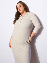 Women Beige Melange Front Button Midi Dress-SFDRSS12741