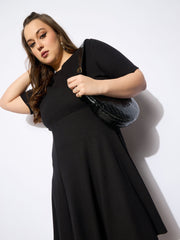 Women Black Rib Below Knee Skater Dress-SFDRSS12743