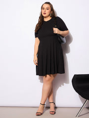 Women Black Rib Below Knee Skater Dress-SFDRSS12743