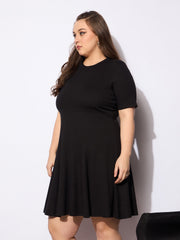 Women Black Rib Below Knee Skater Dress-SFDRSS12743
