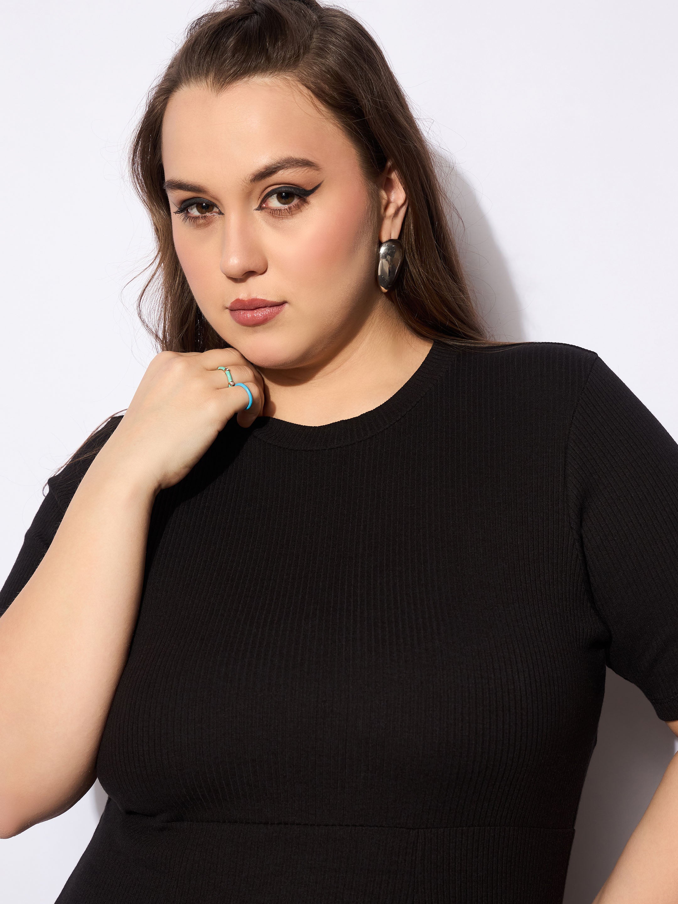 Women Black Rib Below Knee Skater Dress-SFDRSS12743