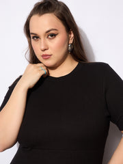 Women Black Rib Below Knee Skater Dress-SFDRSS12743