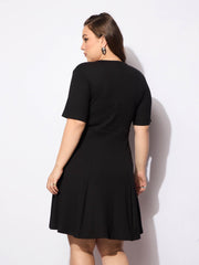 Women Black Rib Below Knee Skater Dress-SFDRSS12743