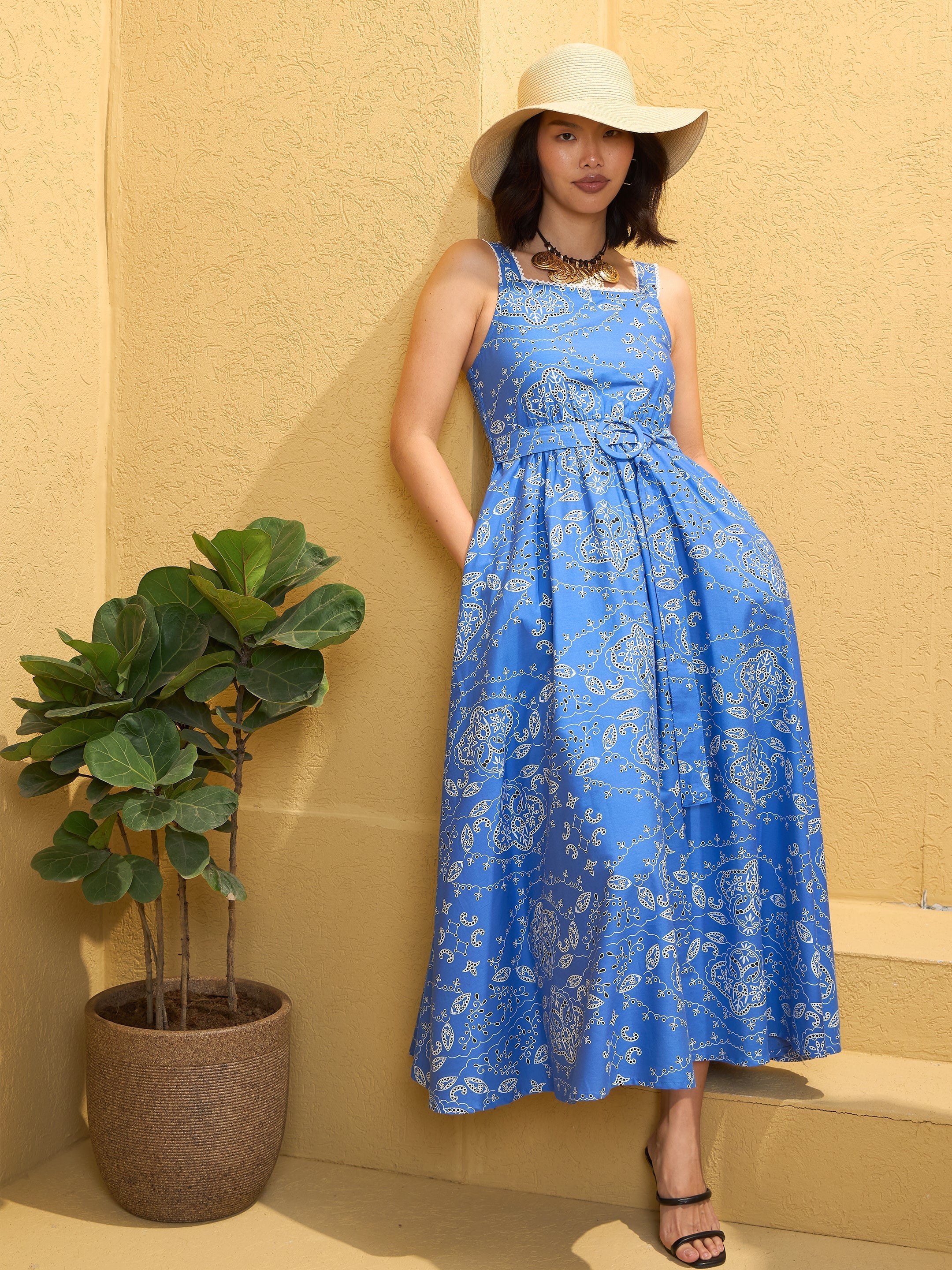 Women Blue Floral Strappy Midi Dress-SFDRSS12745