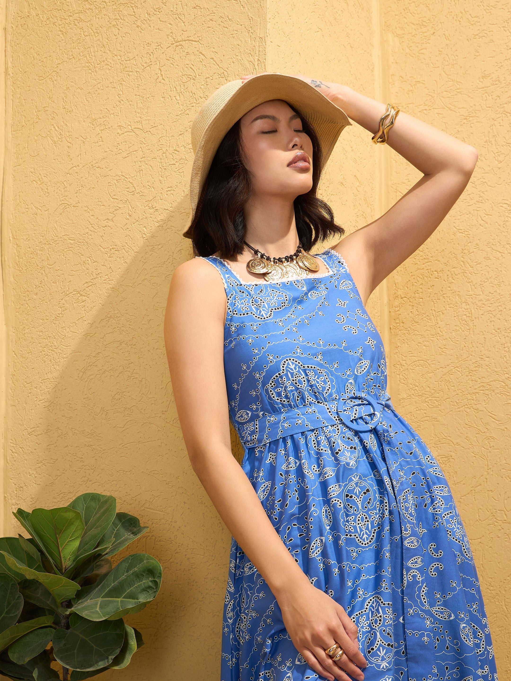 Women Blue Floral Strappy Midi Dress-SFDRSS12745