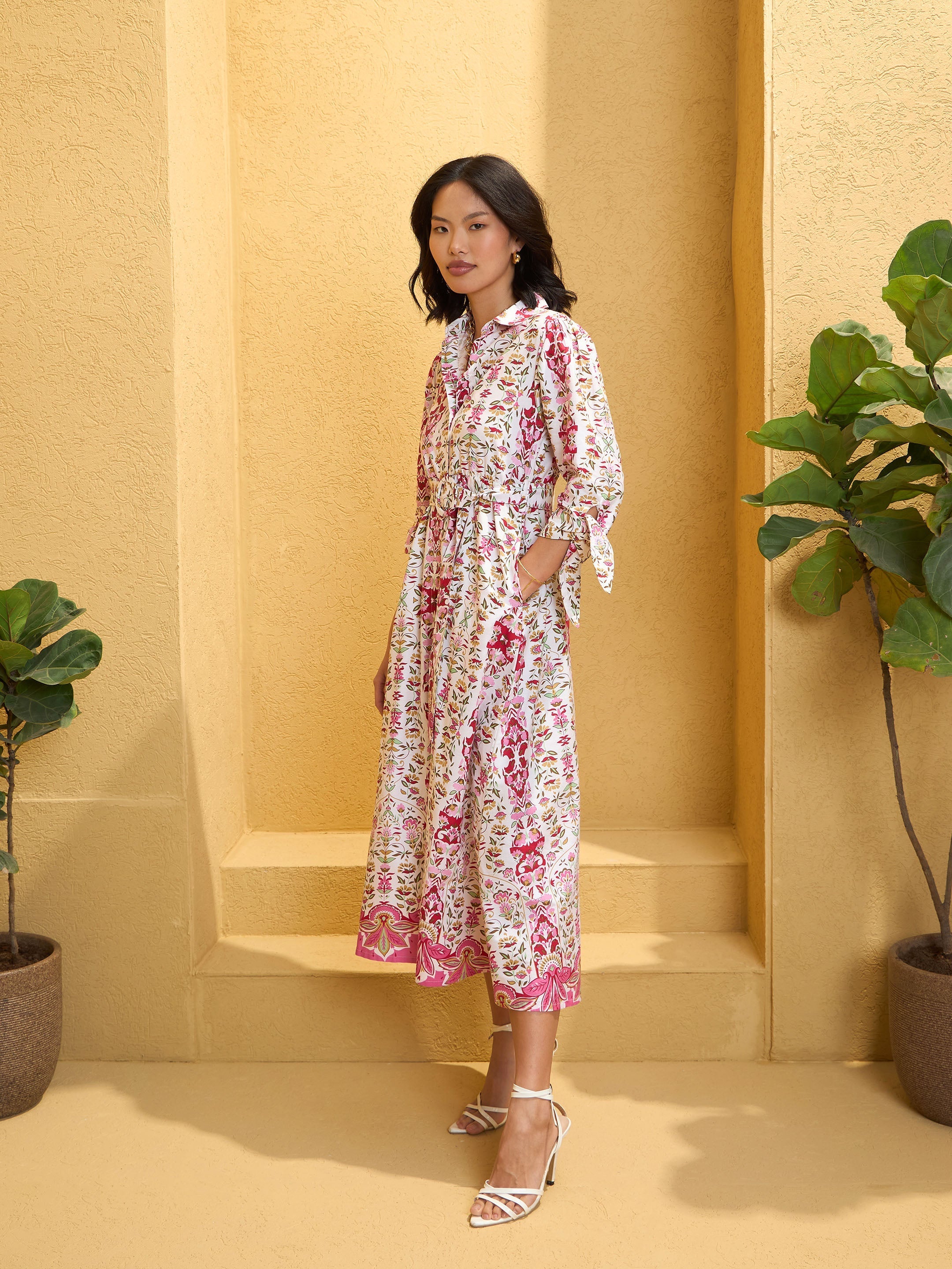 Women White Floral Front Button Belt Midi Dress-SFDRSS12747