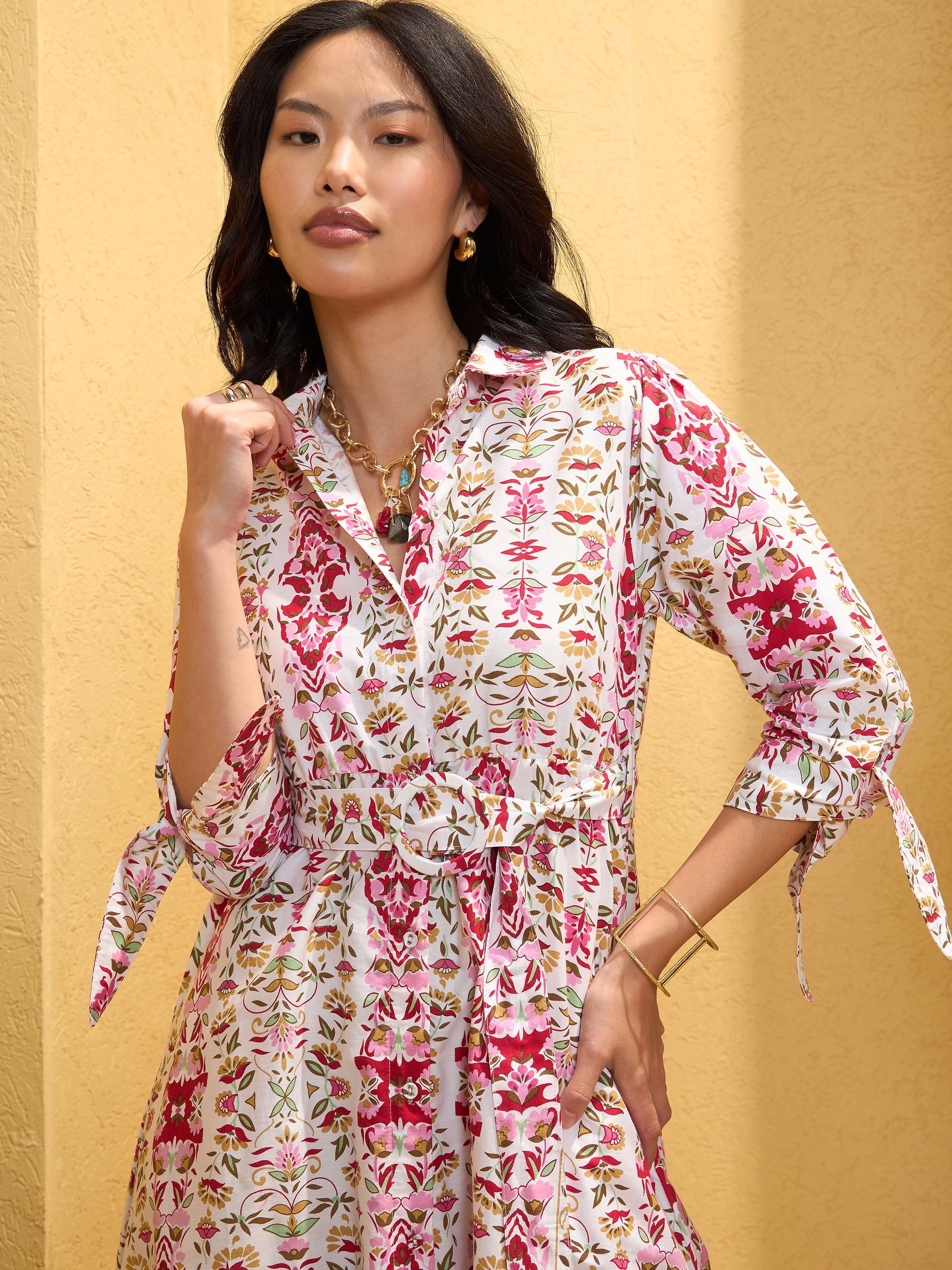 Women White Floral Front Button Belt Midi Dress-SFDRSS12747