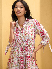 Women White Floral Front Button Belt Midi Dress-SFDRSS12747